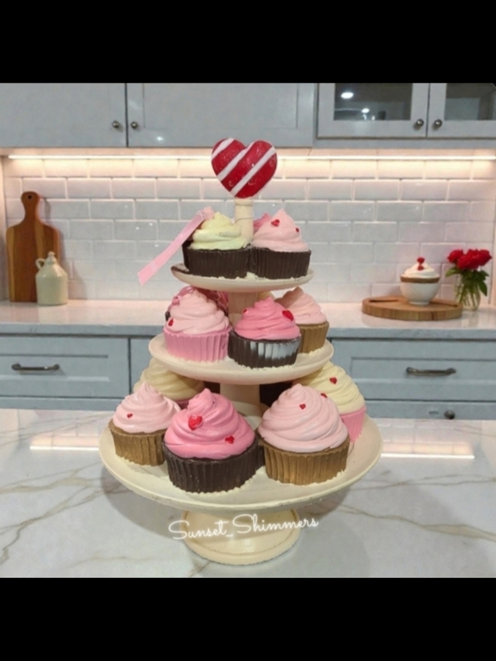14" Martha Stewart Valentines Cupcake 3 Tier Tray Pedistal Decor w/ Hearts NEW